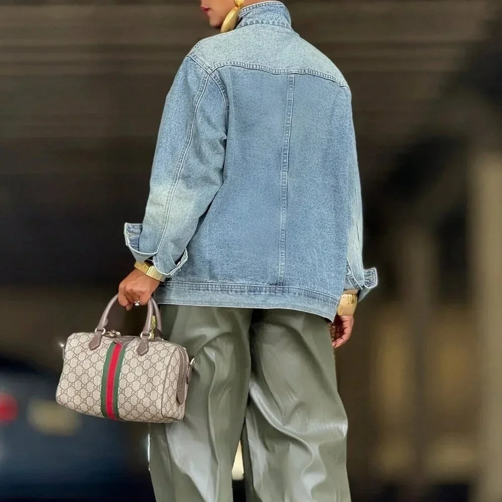 Blue Casual Women's Washed High Neck Asymmetric Button Loose Denim Jacket